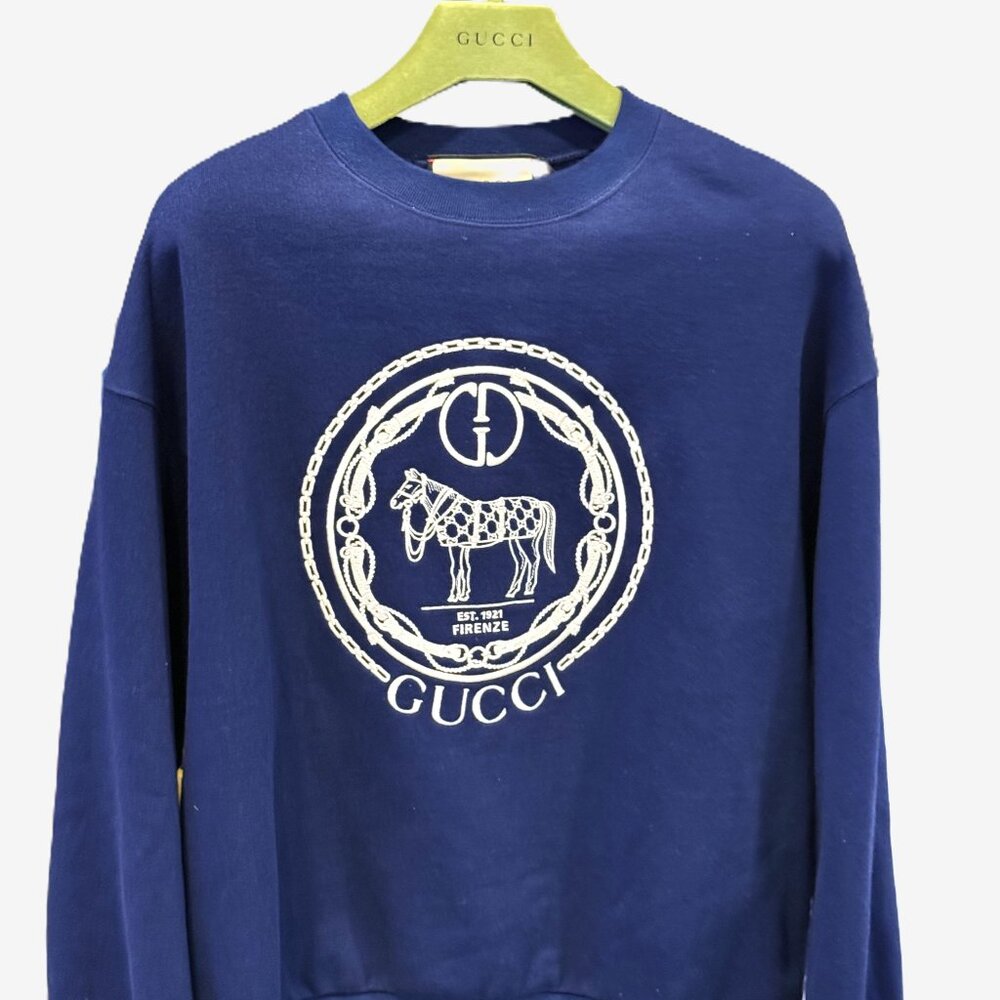 NEW Gucci Men's Navy Blue Horse Parade Logo (2025) Crew Neck Sweatshirt Size S